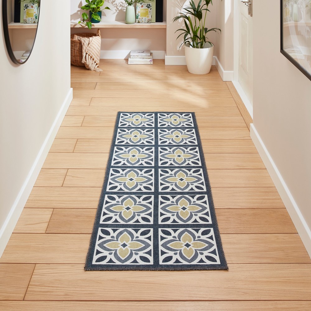 Victoria H1191 Modern Geometric Washable Runner Rugs in Grey Yellow